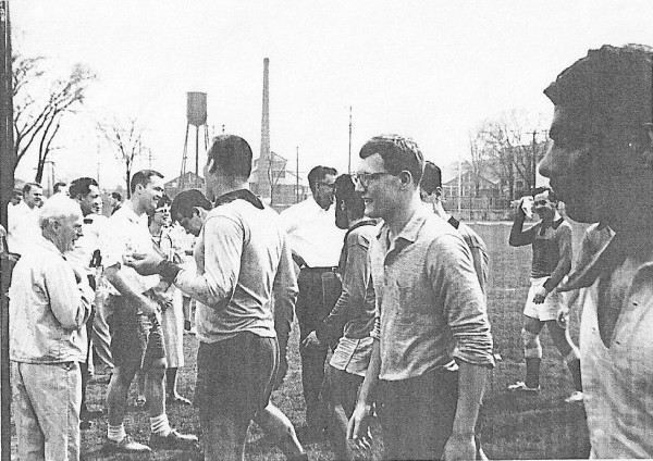 Warren Sublette is center with beard; Baji Palkiwala is extreme right; celebrating with friends and family after the match.